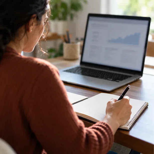 Pessoa faz anotações em um caderno enquanto observa uma página financeira desfocada no notebook
