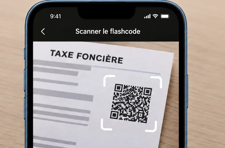L’appareil photo d’un smartphone cadre le flashcode d’un avis de taxe foncière.