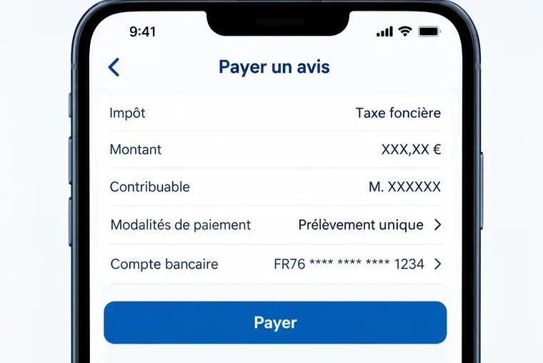 Écran de contrôle d’un avis affichant l’impôt, le montant, le contribuable et un compte bancaire masqué.