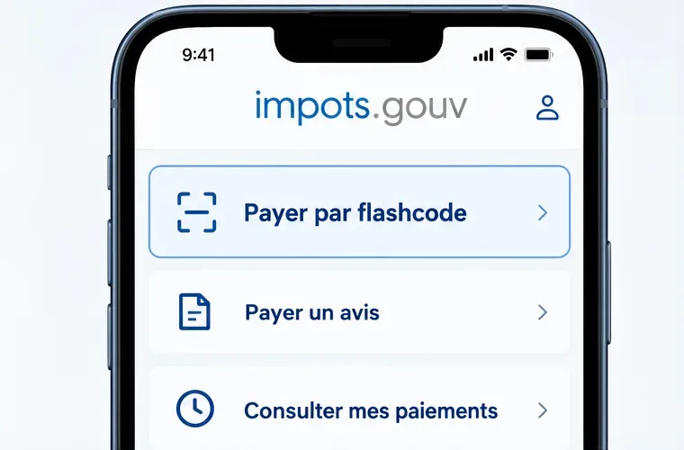 Écran de l’application impots.gouv montrant l’option « Payer par flashcode » parmi les choix de paiement.