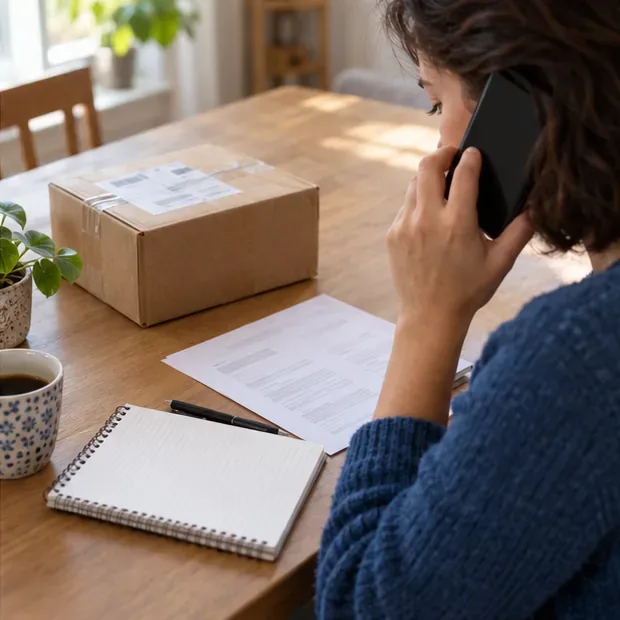 Une consommatrice téléphone avec un colis, une facture et un carnet posés sur la table.