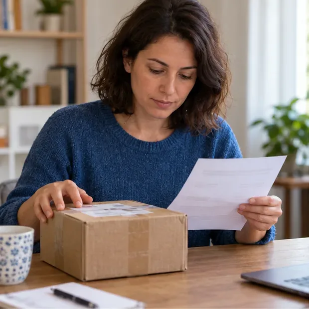 Une femme compare un colis et un document de commande posé à côté.
