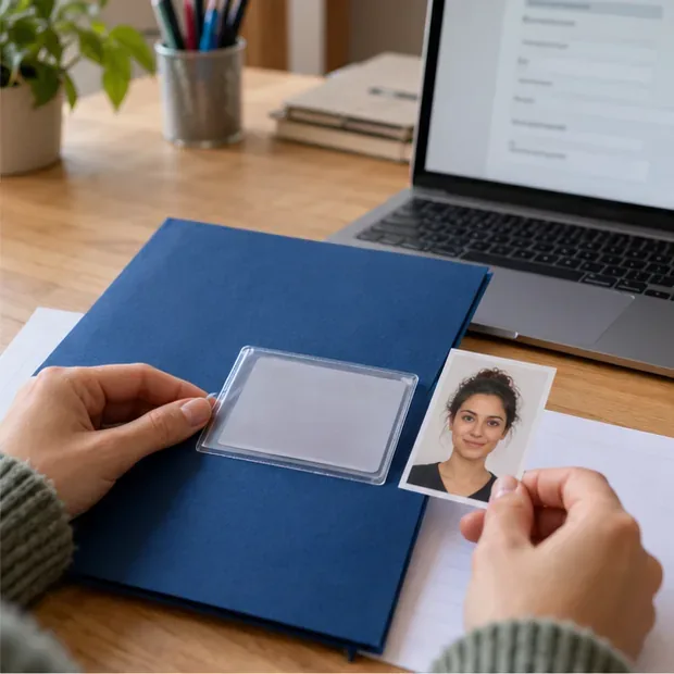 Hände legen ein Passfoto und ein unbeschriftetes Ausweiskartenetui neben einen Laptop mit einem unscharfen Anmeldeformular