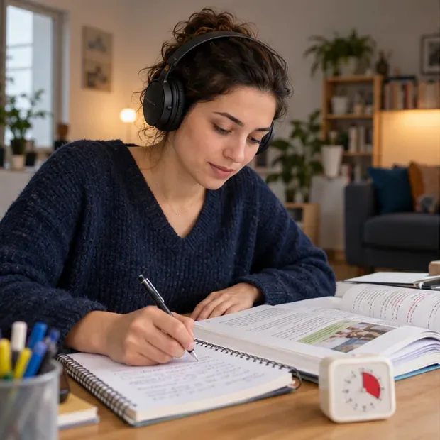 Eine Deutschlernende übt mit Kopfhörern, Lehrbuch, Notizen und einem Timer an einem Schreibtisch