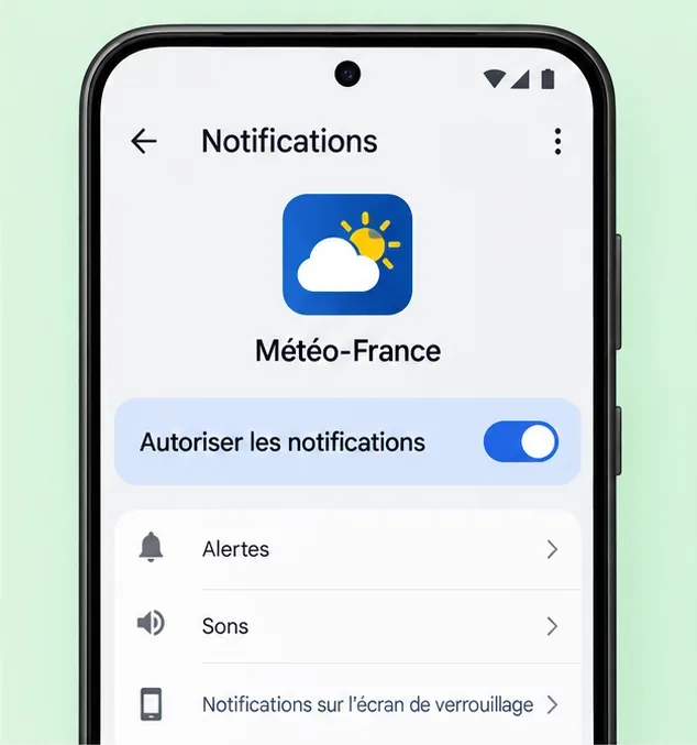 Réglages Android des notifications de l’application Météo-France, avec l’autorisation activée.