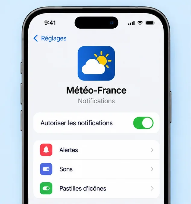 Réglages de notifications sur un iPhone, avec les notifications de Météo-France autorisées.