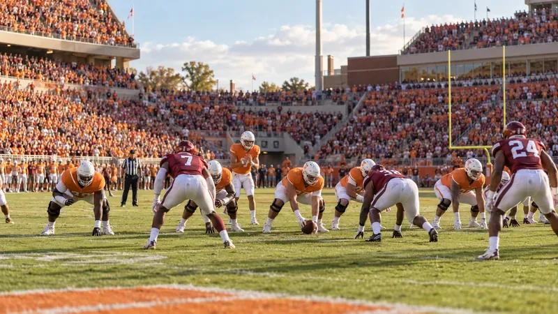Two college football teams in orange and garnet uniforms line up before a snap on a sunlit field as fans watch from the stands.