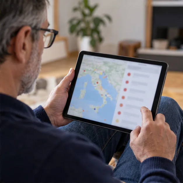 Un uomo guarda su un tablet una mappa dell’Italia con marcatori e un elenco di eventi sfocati