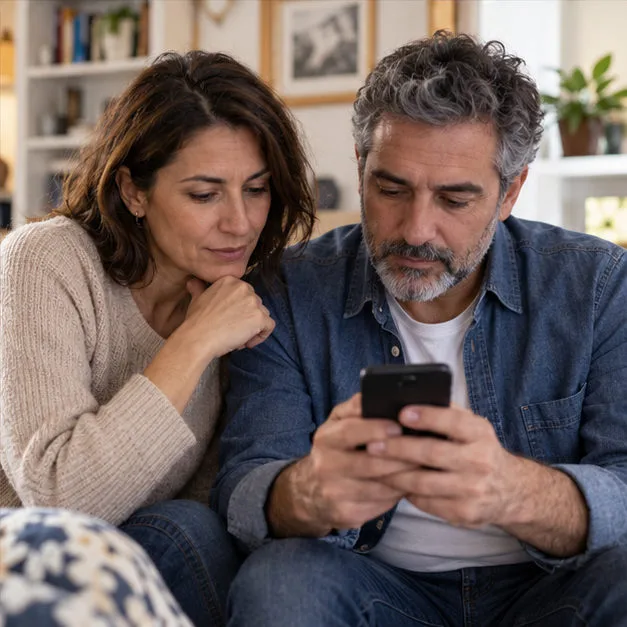 Due adulti seduti in una casa integra confrontano con calma le informazioni su uno smartphone