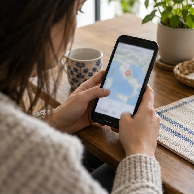 Una persona consulta sullo smartphone una mappa con un indicatore di localizzazione, in un ambiente domestico tranquillo