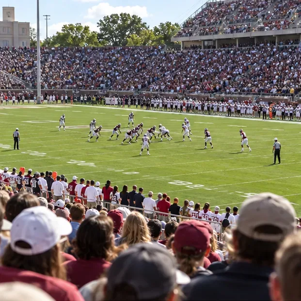 College football players run a play on the field as fans watch from the stands.