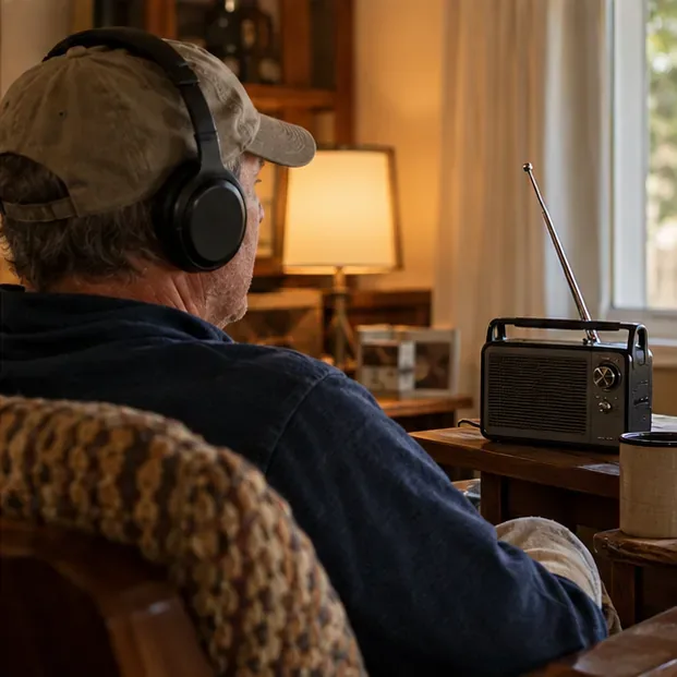 A listener wears headphones beside a portable radio while following a football broadcast.