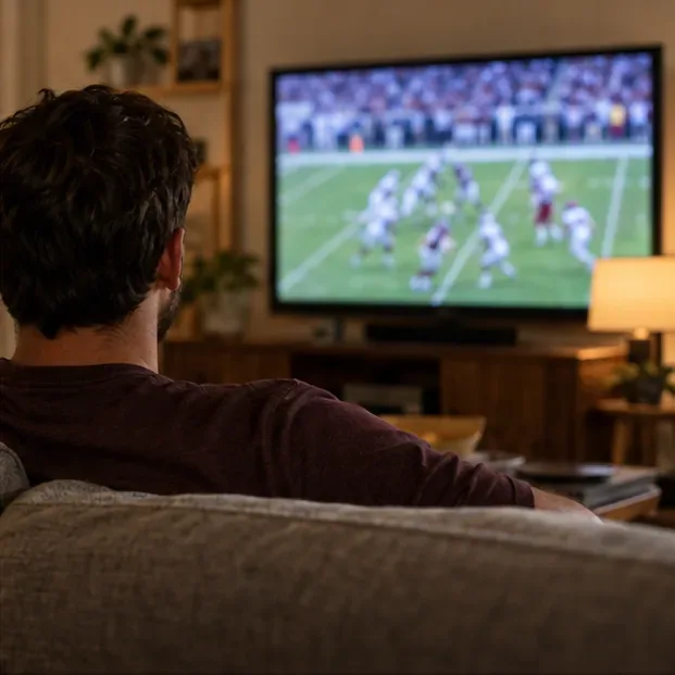 A viewer watches a college football game on a television at home.
