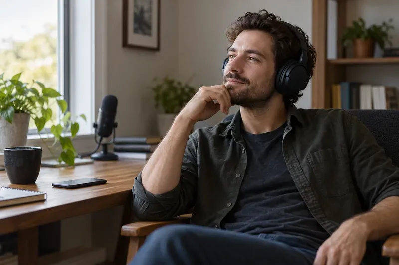 A listener wearing over-ear headphones sits by a phone and a desk microphone in a sunlit home.