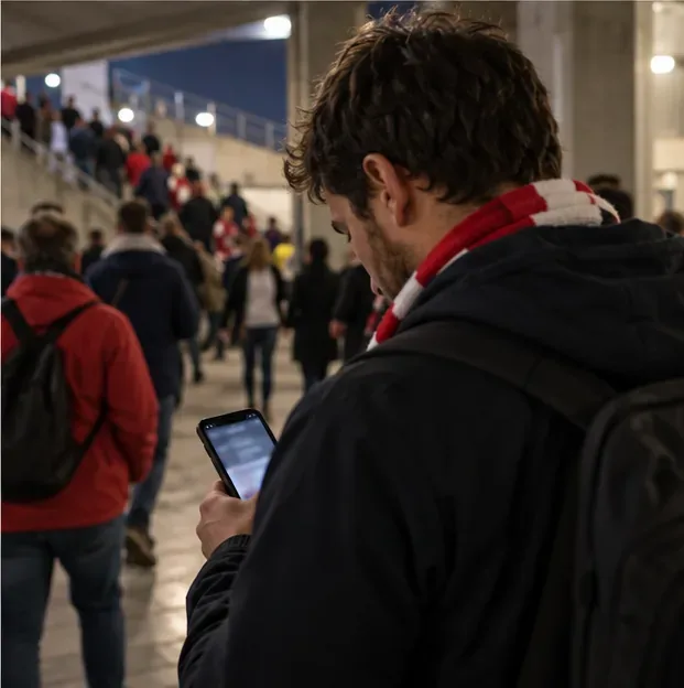 Un supporter consulte son téléphone dans une coursive de stade tandis que d’autres spectateurs circulent.