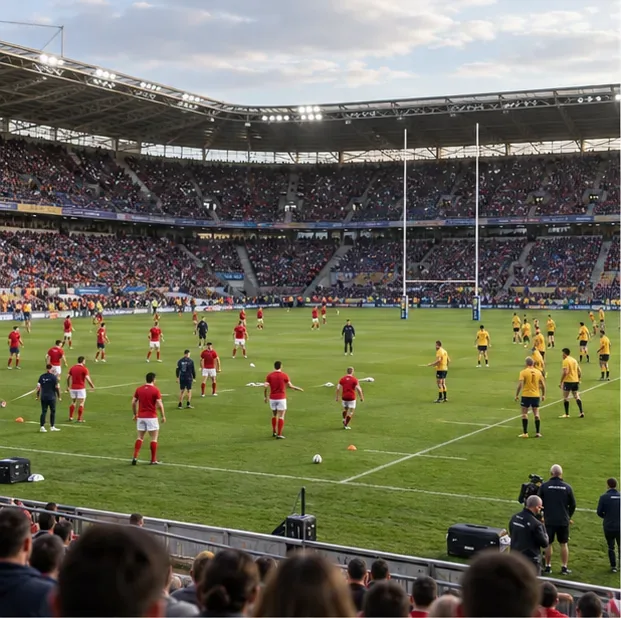 Vue d’un terrain de rugby avec des joueurs à l’échauffement, les poteaux et des tribunes occupées.