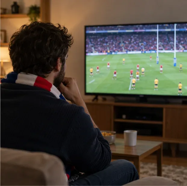 Un spectateur assis dans son salon regarde un match de rugby à la télévision.