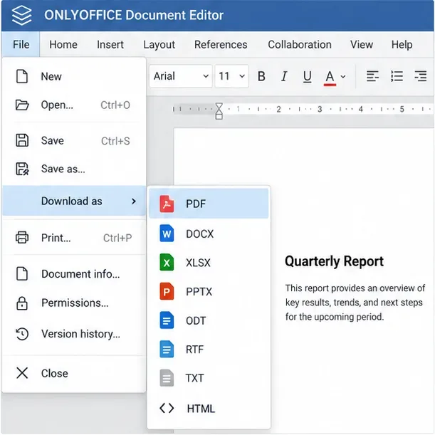 قائمة "ملف" في محرر مستندات ONLYOFFICE مع خيار "تنزيل كملف مفتوح" و"PDF" مُحددة.