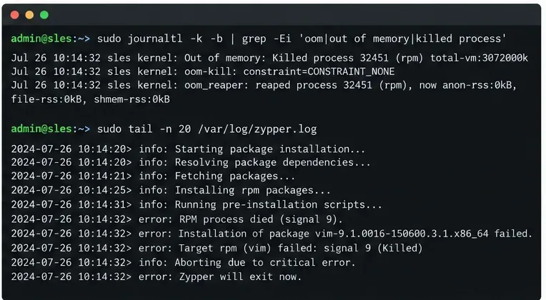 SLES terminal example with a kernel out-of-memory log entry and Zypper installation failure context