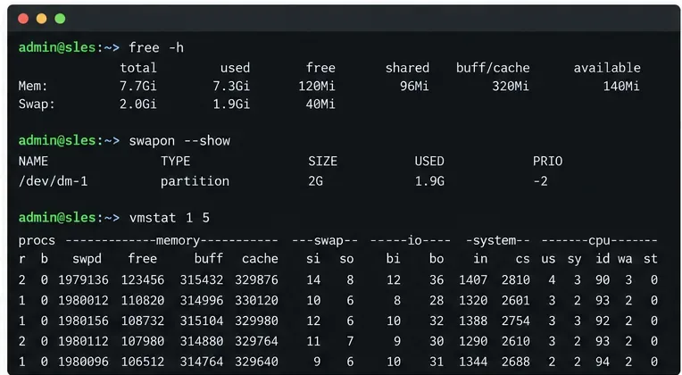 SLES terminal example showing free, swapon, and vmstat checks with low available memory and nearly full swap