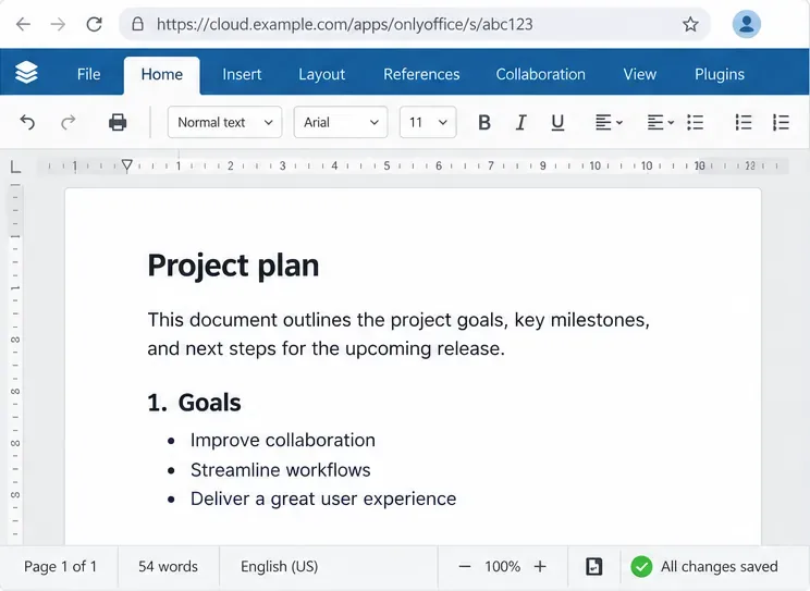 Een OnlyOffice-documenteditor met een projectplan en een indicator die aangeeft dat alle wijzigingen zijn opgeslagen.