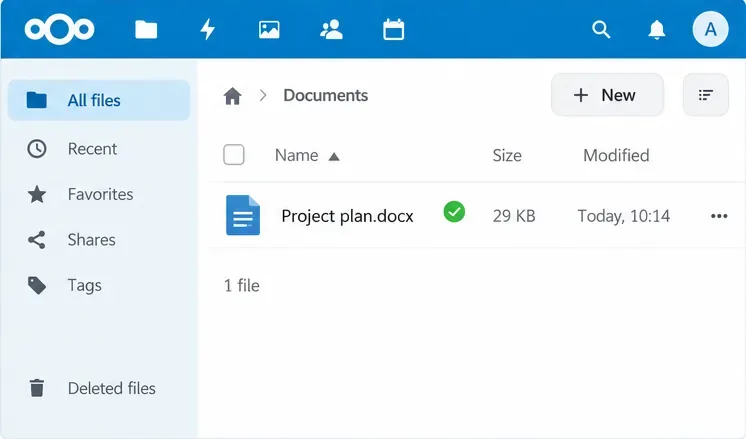 Een Nextcloud Files-weergave met een projectplan, een groen statuspictogram en een wijzigingstijdstip.