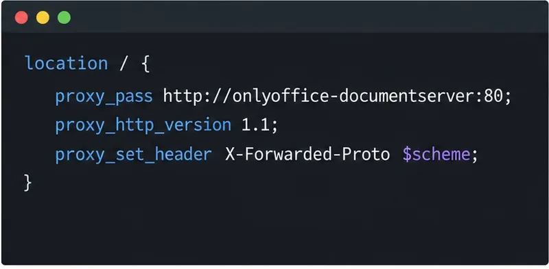 Illustratief voorbeeld van een Nginx-locatieblok dat verzoeken doorstuurt naar de ONLYOFFICE-service via HTTP op poort 80.