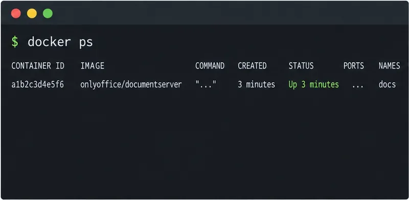 Illustratieve Docker-statusuitvoer die de ONLYOFFICE-container in de status 'Up' toont; controleer dit voordat u de proxy wijzigt.