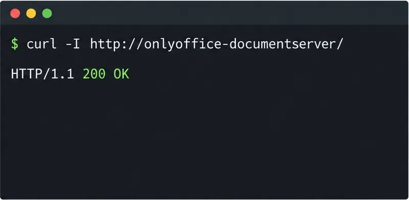 Illustratief curl-antwoord van het proxynetwerk dat een succesvolle HTTP 200-verbinding met de servicenaam ONLYOFFICE aantoont.