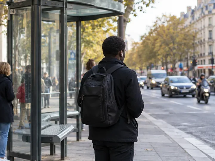 Un voyageur attend à un abribus parisien au bord d’une avenue.
