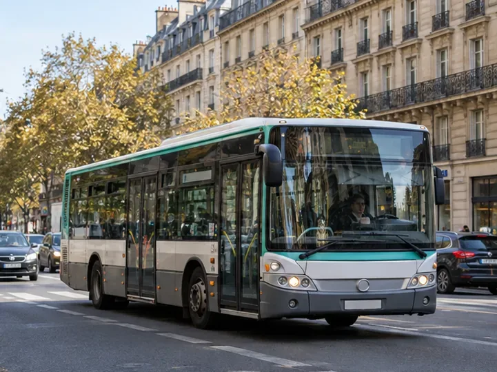 Un autobus circule dans une rue bordée d’immeubles parisiens.