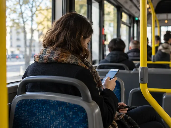Une passagère consulte son téléphone assise à bord d’un autobus.