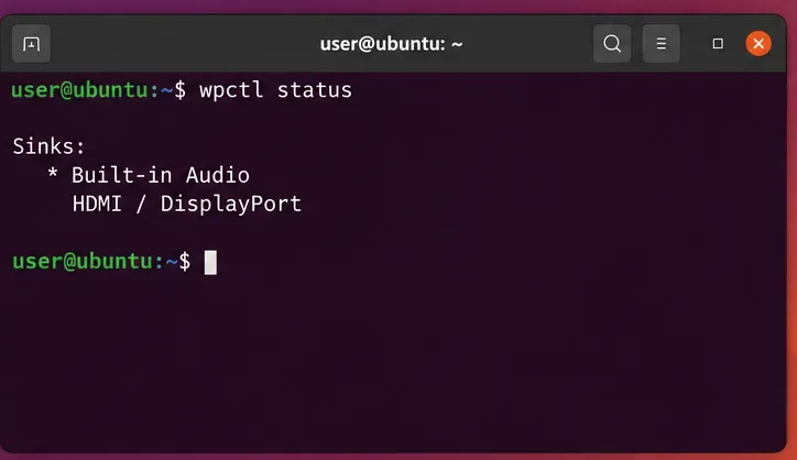يعرض الجهاز الطرفي حالة wpctl مع إدراج الصوت المدمج وHDMI / DisplayPort ضمن منافذ الإخراج