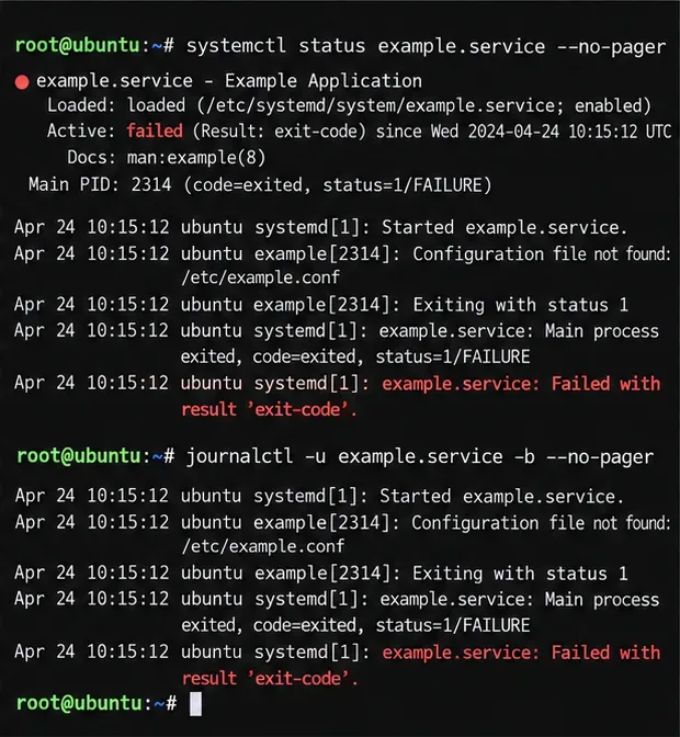 A terminal displays status and journal output for a failed systemd service.