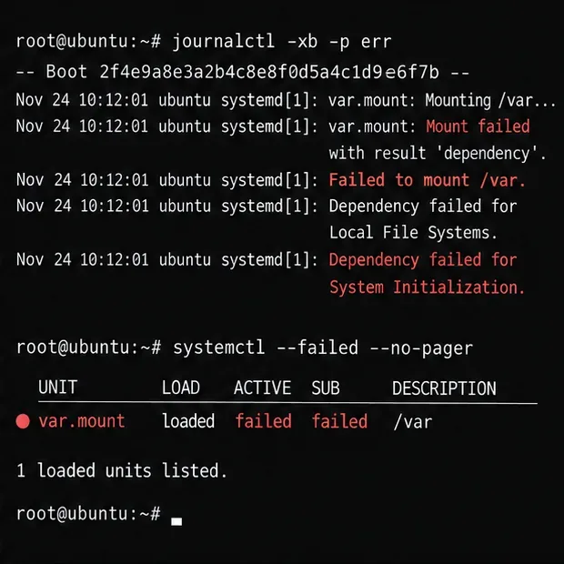 A terminal shows journalctl boot errors and systemctl listing a failed mount unit.