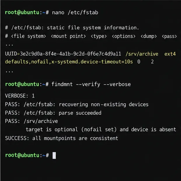 A terminal shows an optional archive mount in fstab and a follow-up validation command.