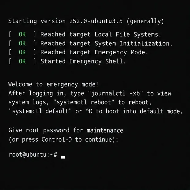 An Ubuntu text console displays the emergency-mode message and a maintenance shell prompt.