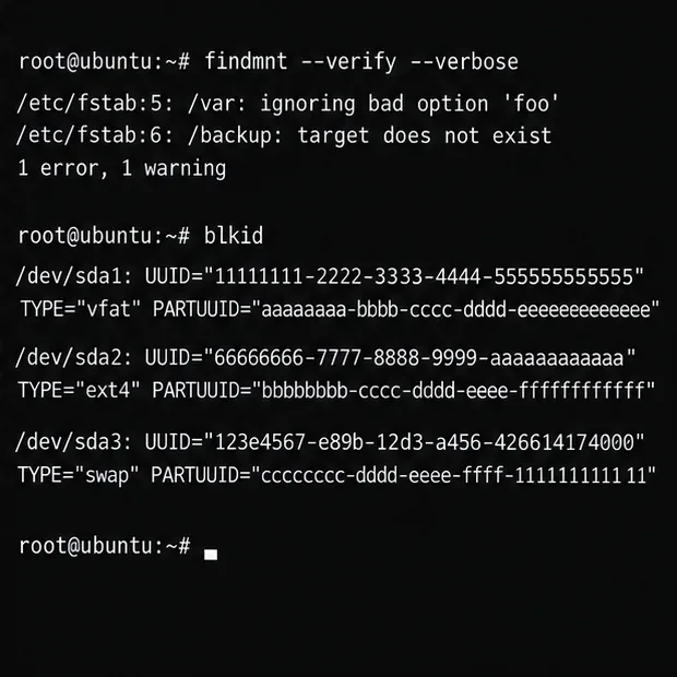 A terminal shows fstab validation followed by UUID and filesystem information from blkid.