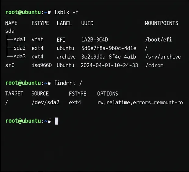 A rescue terminal lists disk filesystems and shows that the root partition is still mounted.