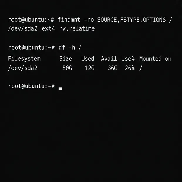 A terminal displays the root filesystem source, type, mount options, and disk space checks.