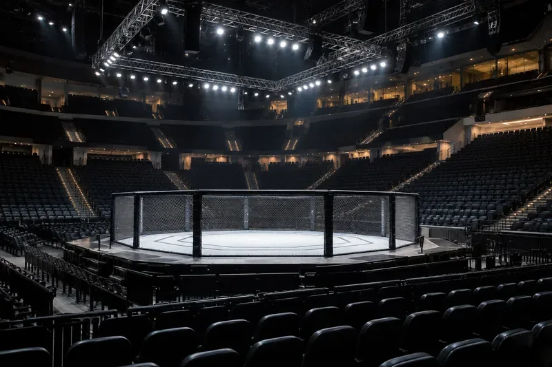 Ein leerer MMA-Käfig steht im Licht heller Scheinwerfer in einer dunklen Arena.