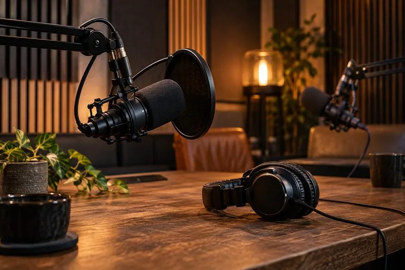 Two microphones, a pop filter, and over-ear headphones sit on a wooden desk in a warmly lit podcast studio.