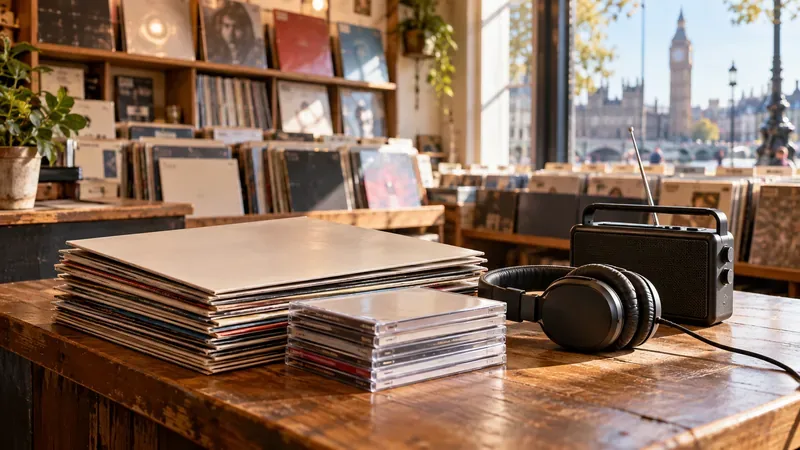 Vinyl records, compact discs, black headphones and a portable radio on a wooden counter in a sunlit London record shop