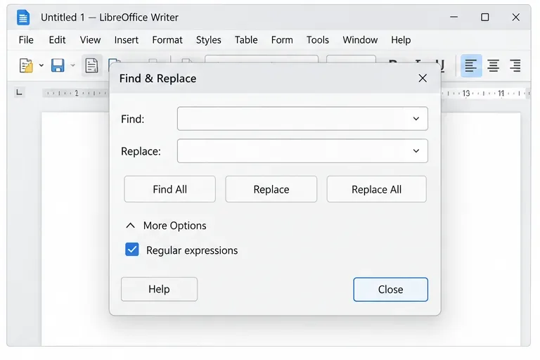 The expanded Find & Replace dialog in Writer shows the Regular expressions option checked.