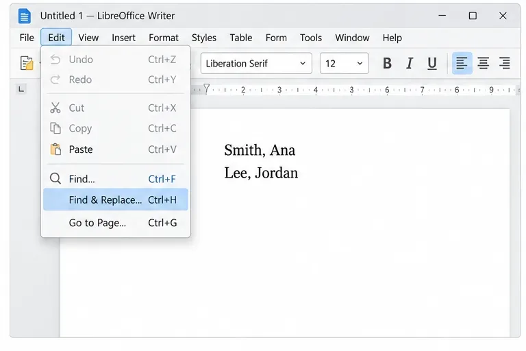 The Edit menu is open in Writer with Find & Replace highlighted above a page containing Smith, Ana and Lee, Jordan.