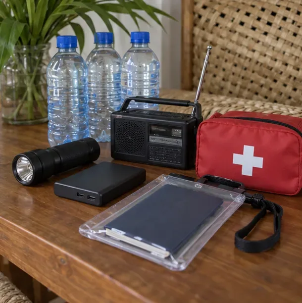 Water, a flashlight, a portable radio, a power bank, a first-aid kit, and a document pouch arranged as an emergency kit.