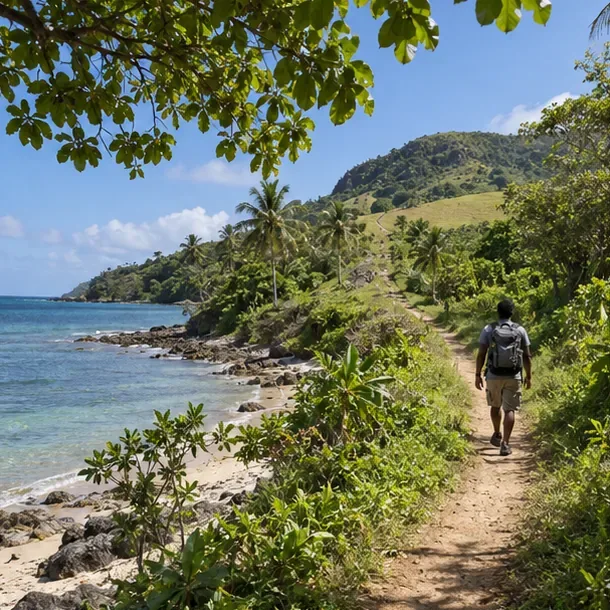 A coastal footpath runs inland toward a green hillside above a tropical shoreline.