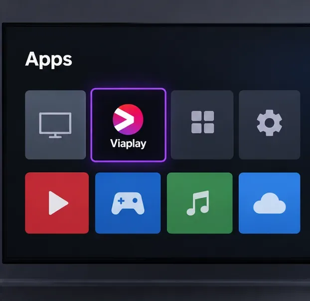 Schematisch smart-tv-appmenu met de kop Apps en de Viaplay-tegel geselecteerd.