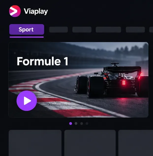 Schematisch Viaplay-scherm met Sport geselecteerd, een Formule 1-kaart en een afspeelknop.