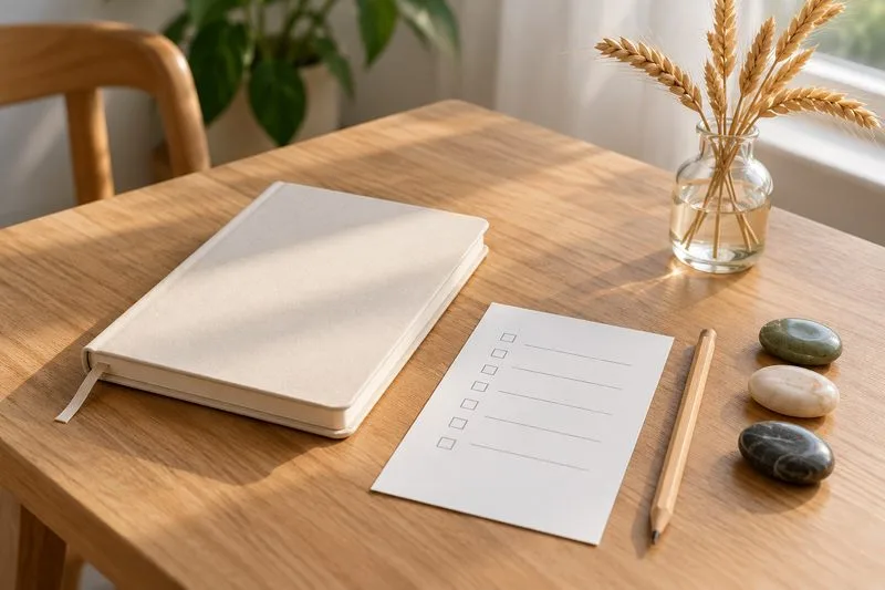 A cream notebook, blank checklist, pencil, three smooth stones, and wheat in a glass vase on a sunlit desk